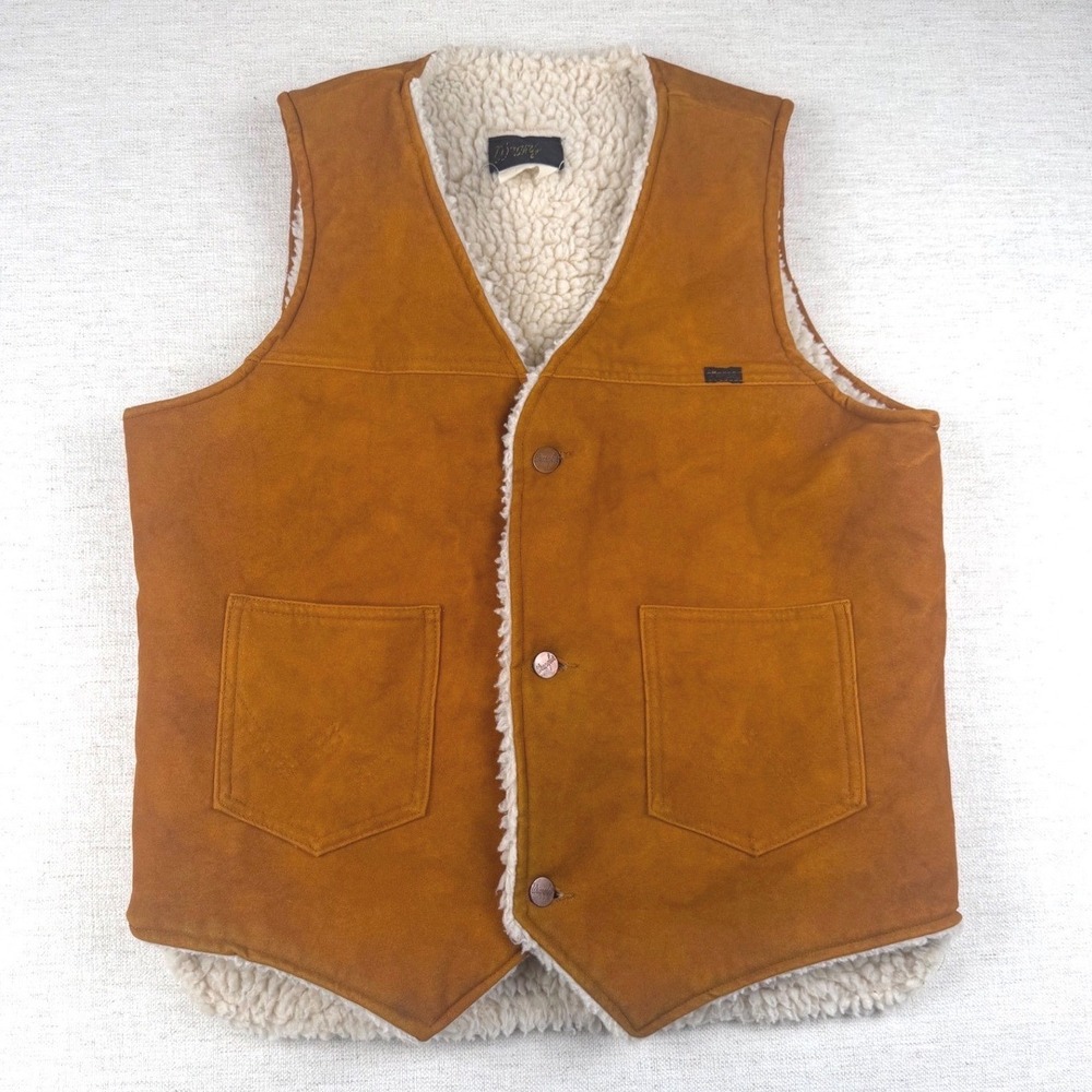 Vintage‎ 70's Wrangler Mens Sherpa Lined Faux Suede Western Vest Tan Brown M